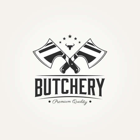 butchery shop logotype with crossed axes and bull head badge logo template vector illustration design. classic retro typography steak house, farm and restaurant emblem logo conceptのイラスト素材
