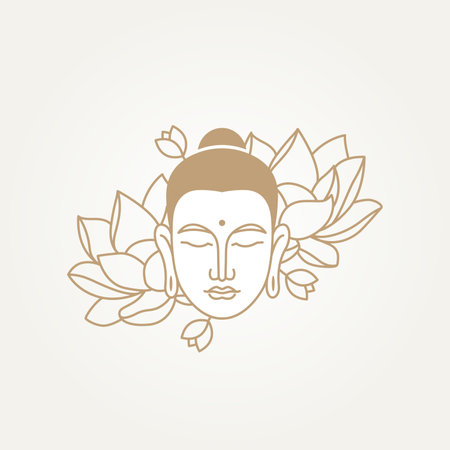 isolated buddha's head with lotus flower simple line art template vector illustration design. minimalist monoline spa, relaxation, zen meditation icon logo conceptのイラスト素材