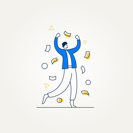 modern line art flat web design. happy young man get reward with scattered money. simple modern flat design for web banner and background template vectorのイラスト素材