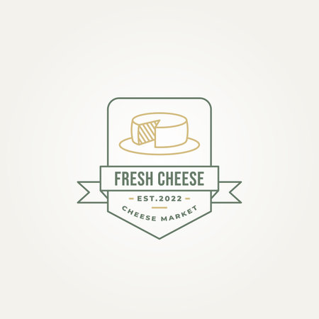 minimalist cheese line art badge logo template vector illustration design. simple sliced ââcheese on plate emblem logo Ideasのイラスト素材