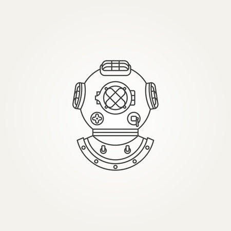 minimalist classic vintage diving helmet line art icon logo template vector illustration design. old underwater diving helmet icon logo conceptのイラスト素材