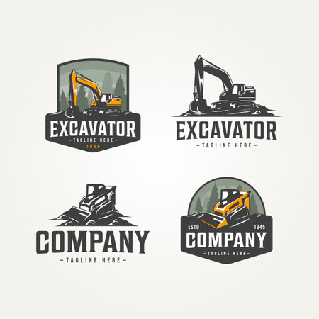 set of machine construction logo template vector illustration design. heavy equipment skid steer and excavator machine badge logo conceptのイラスト素材