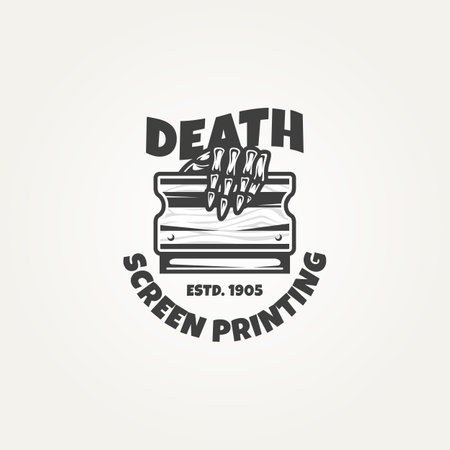 vintage screen printing with skeleton hand holding squeegees emblem logo template vector illustration designのイラスト素材