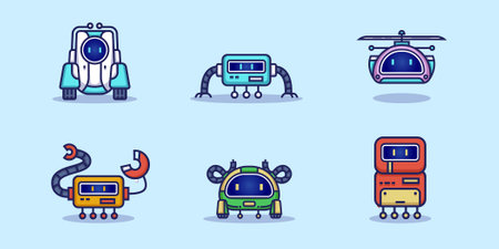 set of simple modern cute robot cartoon flat icon vector Illustration designのイラスト素材