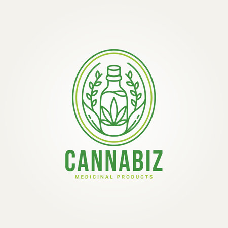 minimalist medical cannabis leaf in glass bottle line art badge icon logo template vector illustration design. simple modern cannabis or hemp oil extracts in jars emblem logo conceptのイラスト素材