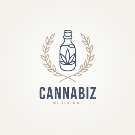 minimalist medical cannabis leaf in glass bottle line art icon logo template vector illustration design. simple modern cannabis or hemp oil extracts in jars logo conceptのイラスト素材