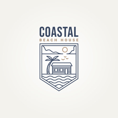 coastal beach house minimalist line art emblem logo template vector illustration design. simple modern homestay, hotel, resort badge logo conceptのイラスト素材