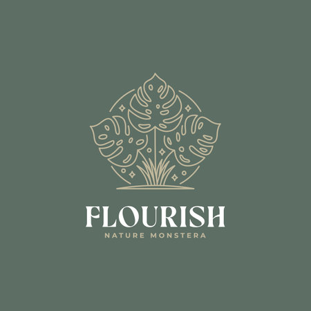 minimalist tropical monstera leaves line art icon logo template vector illustration designのイラスト素材