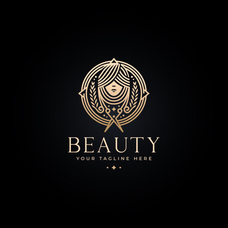 beauty salon with scissor and leaf ornament line art label logo vector illustration design. simple modern beauty center, fashion boutiques, haircut salon logo conceptのイラスト素材