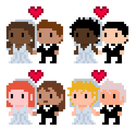 Pixel couples of diverse men and women getting married - vector, isolatedのイラスト素材