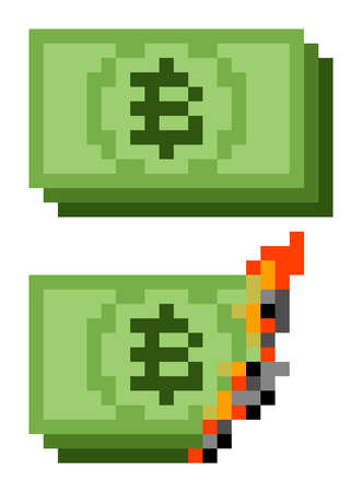 Set of normal and burning pixel 8 bit bitcoin money - vector, isolatedのイラスト素材