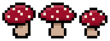 Pack of three 8 bit pixel red mushrooms with white dots - isolated vector setのイラスト素材