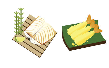 Set from the Sea   Grill Saba fish and Shrimp tempuraのイラスト素材