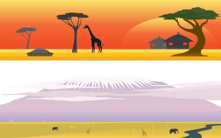 Set of Africa Savanna Safari and Great mountain landscapeのイラスト素材