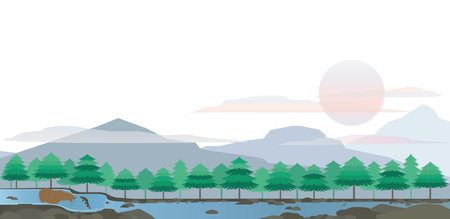 Bear and Salmon in the Great Lake Landscape Vectorのイラスト素材