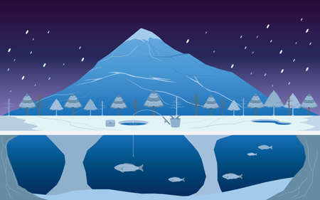 Fishing on Ice in Winter Landscapeのイラスト素材