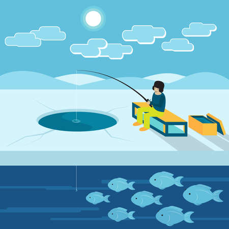 Fishing on the Ice in Winterのイラスト素材