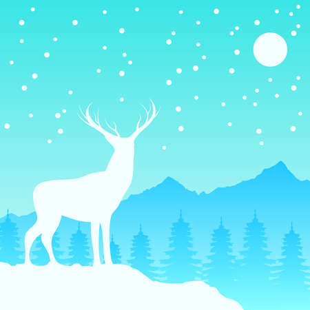 Reindeer with Pine Tree and Mountain Snow Christmasのイラスト素材