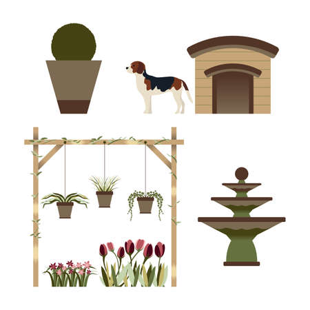Garden decoration flower and pet. Isolated set on white background.のイラスト素材