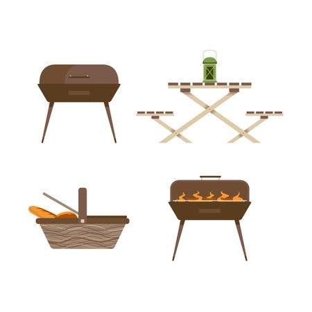 Camping picnic inventory and equipment. Isolated set on white background.のイラスト素材