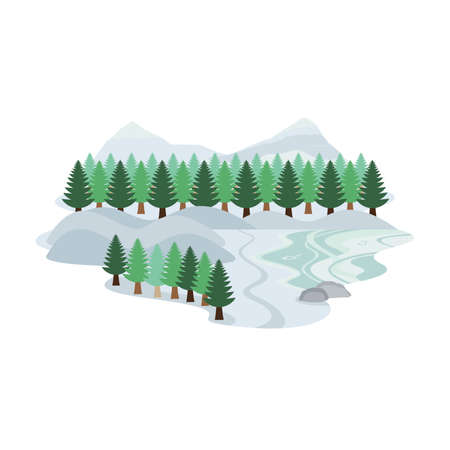 Snow Mountain Pine Forest and Lake Landscape Vectorのイラスト素材
