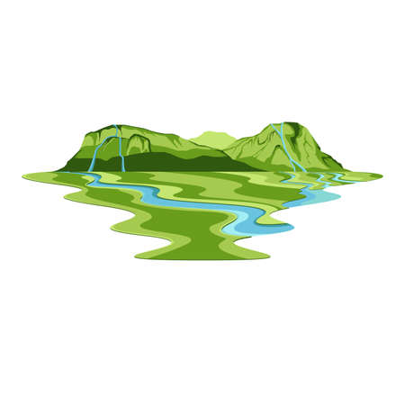 Island Mountain Forest Waterfall and River Landscape Vectorのイラスト素材