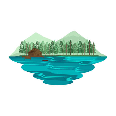 Cabin Hut Cottage on Lake and Camping Mountain View Summer and Spring Landscape Vectorのイラスト素材