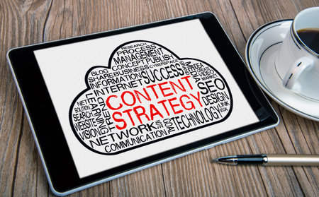 content strategy word cloud on tablet pc