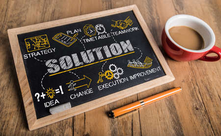 solution concept on small blackboardの写真素材