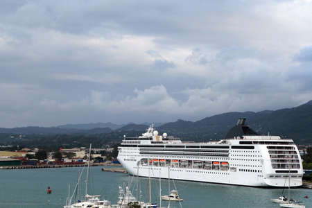 Cruise ship at a harbour dock in Jamaicaの写真素材