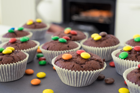 Homemade chocolate muffins with icingの写真素材