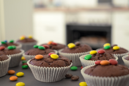 Homemade chocolate muffins with icingの写真素材