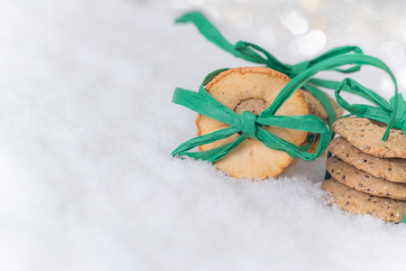 Healthy christmas cookies in the snowの写真素材