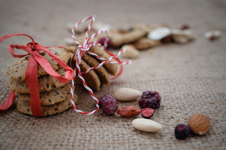 Healthy chia cookies with nuts and raisinsの写真素材