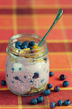yogurt in glass with cereals and blueberriesの写真素材