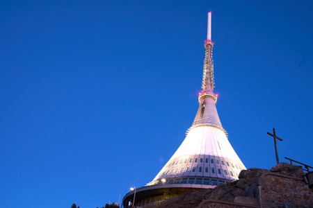 Liberec, Czech Republic - April 19 2019: Hotel and TV transmitter on top of Jested Mountain,...