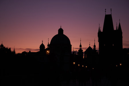 Prague Castle and Charles Bridge at sunset, Prague, Czech Republicの写真素材