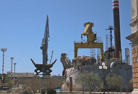 Old rusty cranes in the port of Pula, Croatiaのeditorial素材