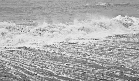 Big waves breaking on the beach in black and white. Black and white.の写真素材