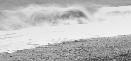 Black and white image of a wave on the beach in winter.の写真素材