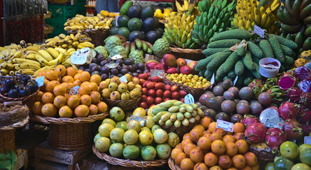 Fruits and vegetables in a market in Funchal, Madeira, Portugalの写真素材
