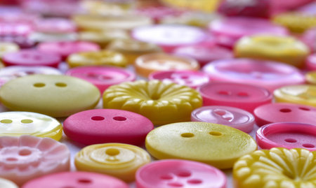 sewing buttons the colors of spring. Bright pink and yellow all on white.