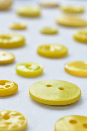 Yellow sewing buttons on white table backgroundの写真素材