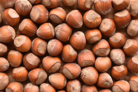 a background and texture of hazelnuts in there shells