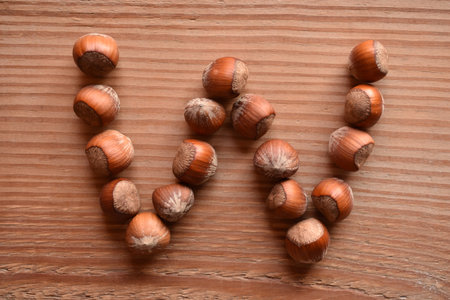 a horizontal of the letter W made with hazelnuts