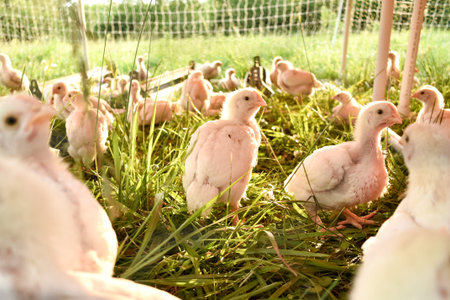 broilor chicken an pasture in a chicken trackor