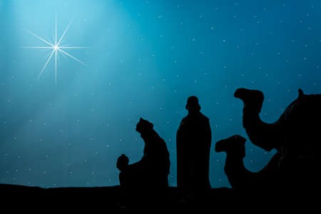 wisemen and camels silhouette with star of Bethlehemの写真素材