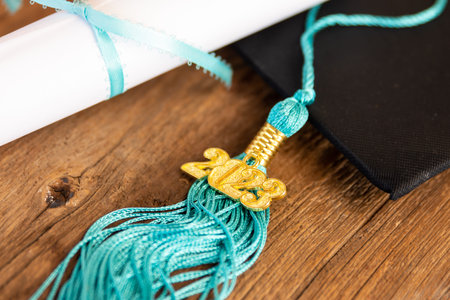 a 2023 graduation tassel on woodの写真素材