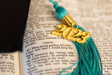 a 2023 graduation tassel on a open Bibleの写真素材