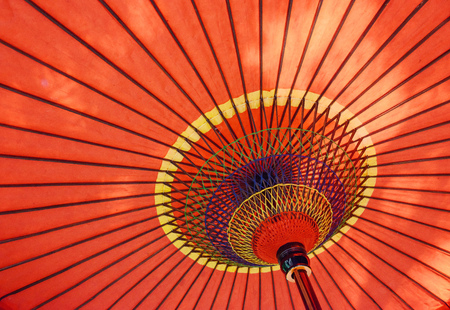 Red sun umbrella in Japan: outdoor ornaments.の写真素材